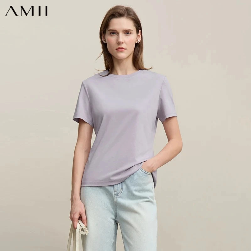 Amii Women's 100% Cotton T-Shirt 2026 Summer Casual Basic O-Neck Knit Tee Slim Solid Color Versatile Female Clothing 12622010