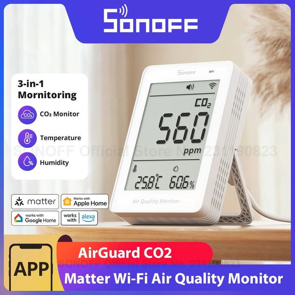 SONOFF AirGuard CO2 Matter Over WiFi Air Quality Monitor SAWF-08P Temperature Humidity Meter Sound & Light Alarm Historical Data