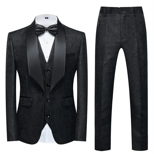 Men's Blue Jacquard Fabric Suit 3-Piece, Fashion Slim-Fit Blazer Jacket Trousers Vest, Spring  Autumn New Men Sets, Asian Size