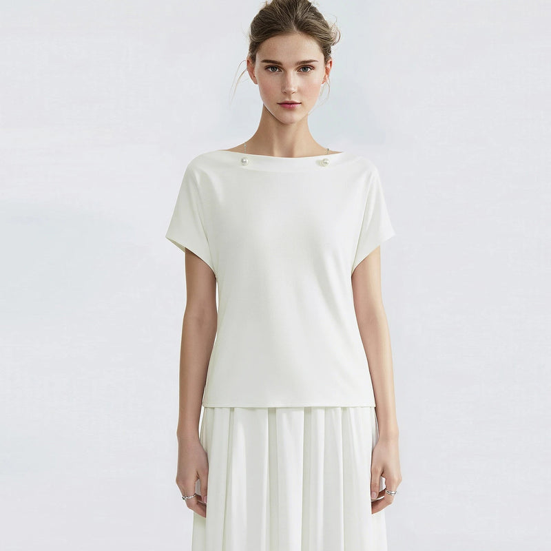 Amii Off-the-shoulder Women's Blouse 2026 Summer New Beaded Chain Chiffon Top Solid Loose Dolman Sleeve Shirt For Women 12642159