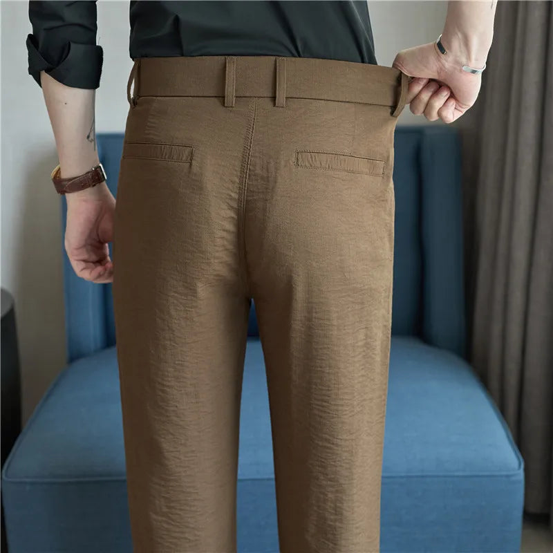 Men's Old Money Style Linen-Cotton Pleated Dress Pants – Lightweight, Semi-Elastic Waist & Wrinkle-Free for Summer
