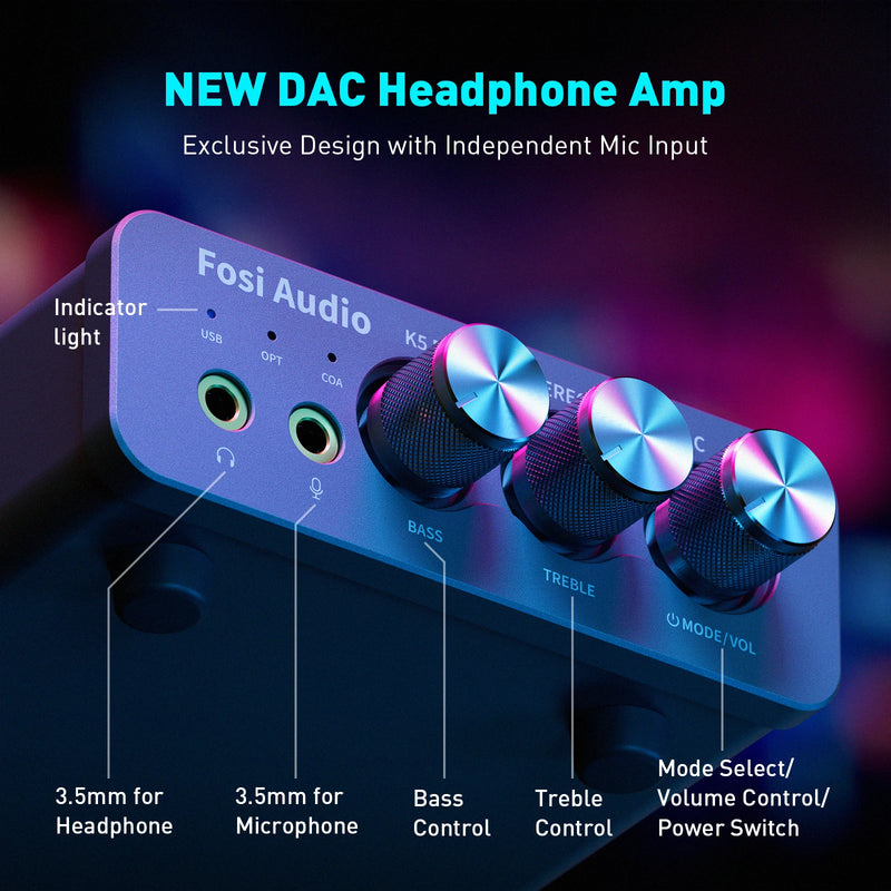 Fosi Audio K5 PRO Gaming USB DAC ជាមួយមីក្រូហ្វូន ឧបករណ៍ពង្រីកសំឡេងកាសស្តាប់ត្រចៀក Desktop Mini Audio DAC Amp សម្រាប់ PS5 PC