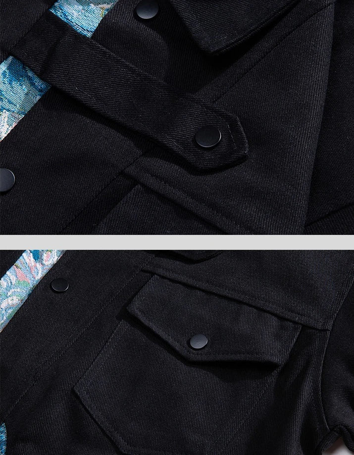 Unisex Black Long-sleeve Jacket with A Lapel Collar; Men’s and Women’s Beige Coats with Embroidered Details; loose-fitting Tops