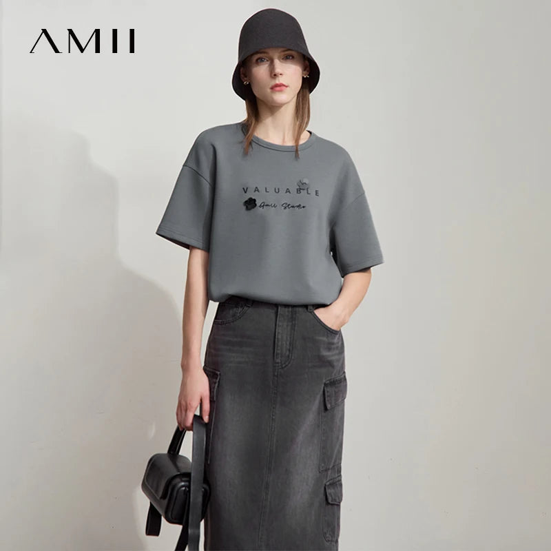 Amii Women's Top Minimalist 2026 Summer O-Neck Three Dimensional Sequin Flower Letter Printing Embroidery Loose T-shirt 12512012