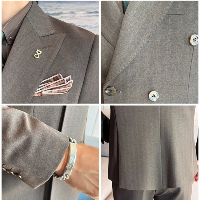 Men's Dark Stripe Double-Breasted Suit Set (Jacket + Pants), Premium Two-Piece Formal Wear, Wedding Suit Business Formal