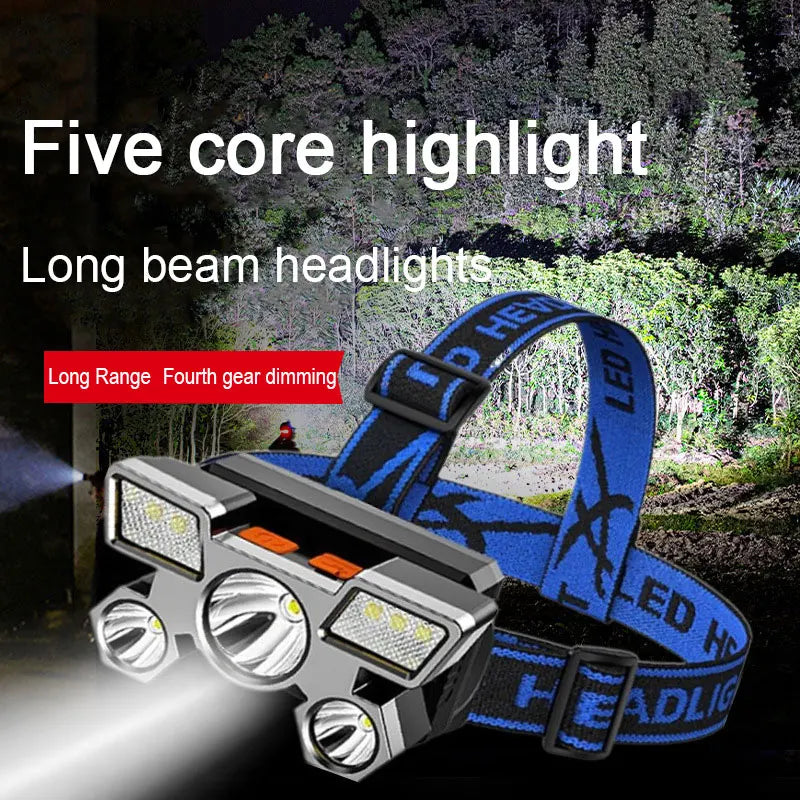 ចង្កៀងមុខ LED 5 ដែលអាចសាកបាន ខ្លាំង ងាយស្រួលប្រើ នេសាទ បោះតង់ ភ្លើងពិល ស្រាល បរបាញ់ ឡើងភ្នំ ចង្កៀងមុខ