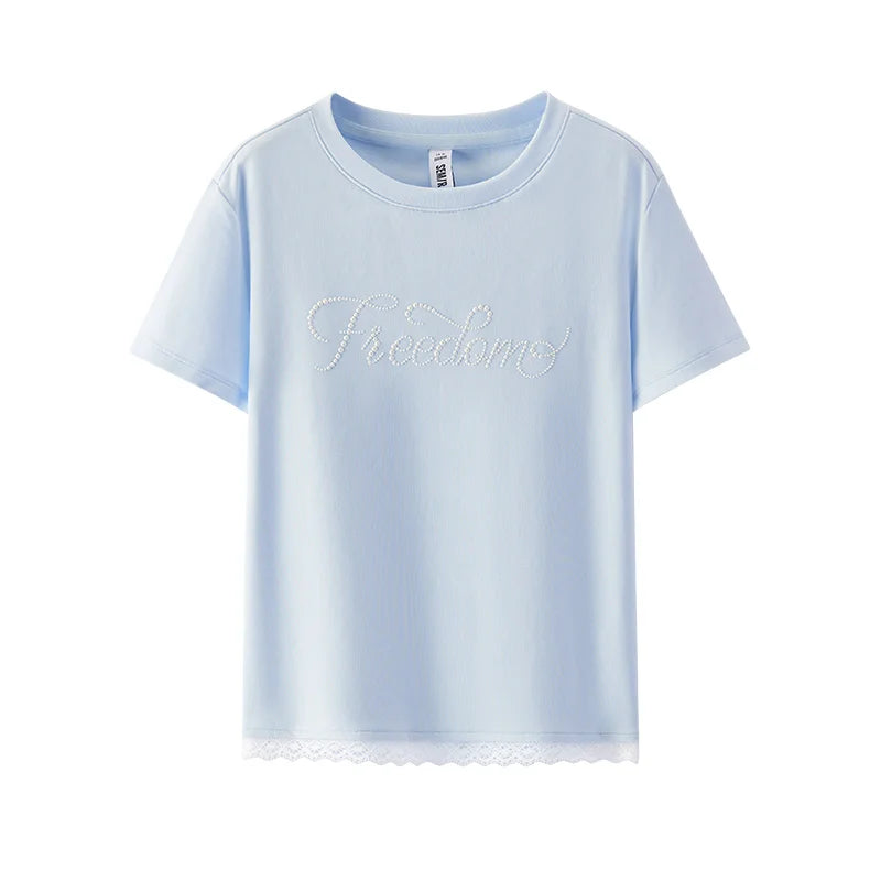 Semir Women Tshirt Short Lace Fake Two Piece Beaded Letter Slim Fit Short Sleeve 2026 New Elegant Daily Top Wear