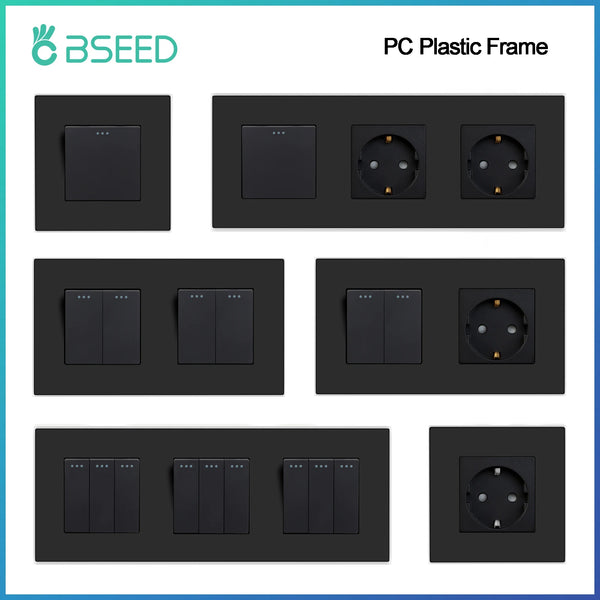 BSEED 1/2/3Gang 1Way Button Light Switch With Wall EU Socket Power Outlets Plastic Panel Mechanical Wall Light Switch On Off