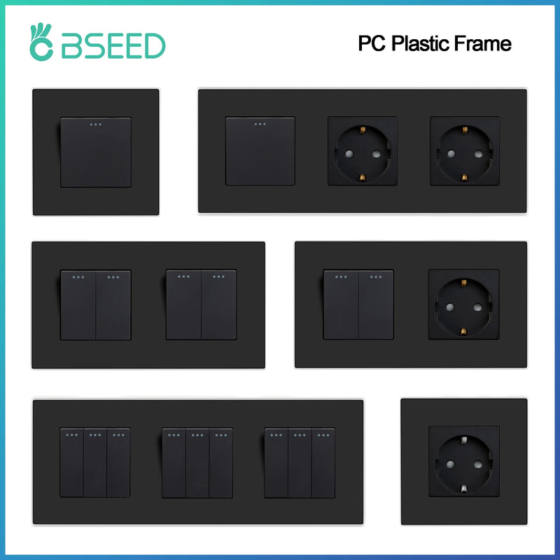 BSEED 1/2/3Gang 1Way Button Light Switch With Wall EU Socket Power Outlets Plastic Panel Mechanical Wall Light Switch On Off