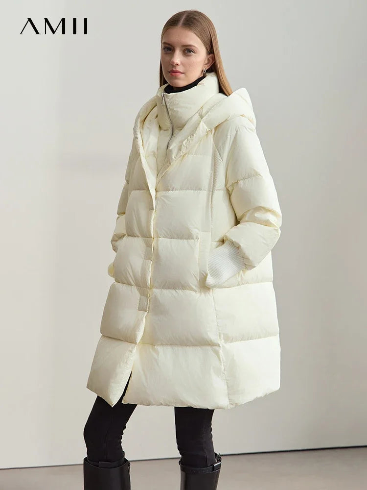 Amii 2026 Winter Warm New Women Down Jacket Cuffs Magnetic Buckle Zipper Hooded Fake Two-piece Thick Loose Long Coats 12444104