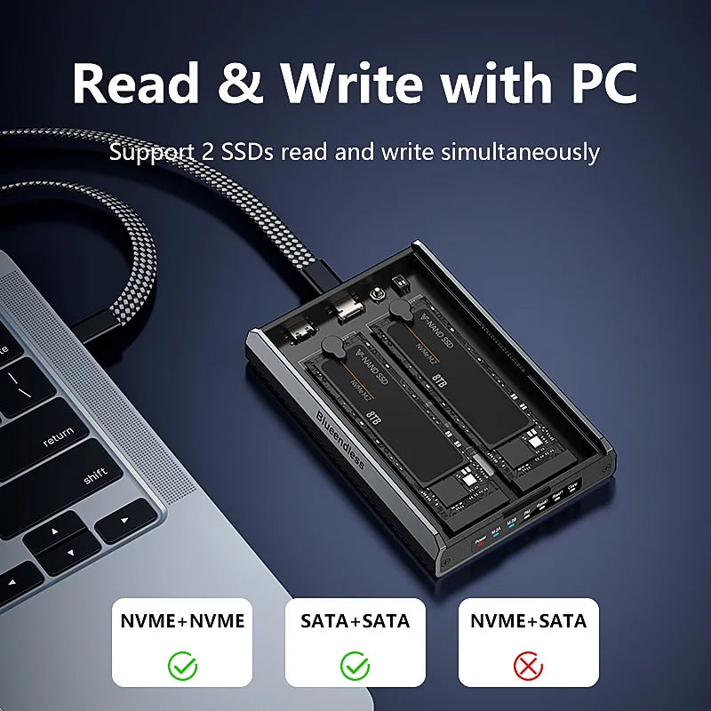 ប្រអប់ Blueendless 2 Bay RAID M.2 SATA M.2 NVME SSD អាលុយមីញ៉ូម Dual Bay NVMe RAID SSD គាំទ្ររបៀប RAID0/1/PM អតិបរមា 16TB