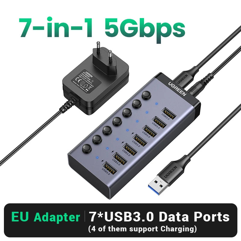 UGREEN USB HUB 7 Ports USB3.0 Splitter 5Gbps with Individual Switch Power Adapter for PC Laptop USB Ports Extender USB-C Docking