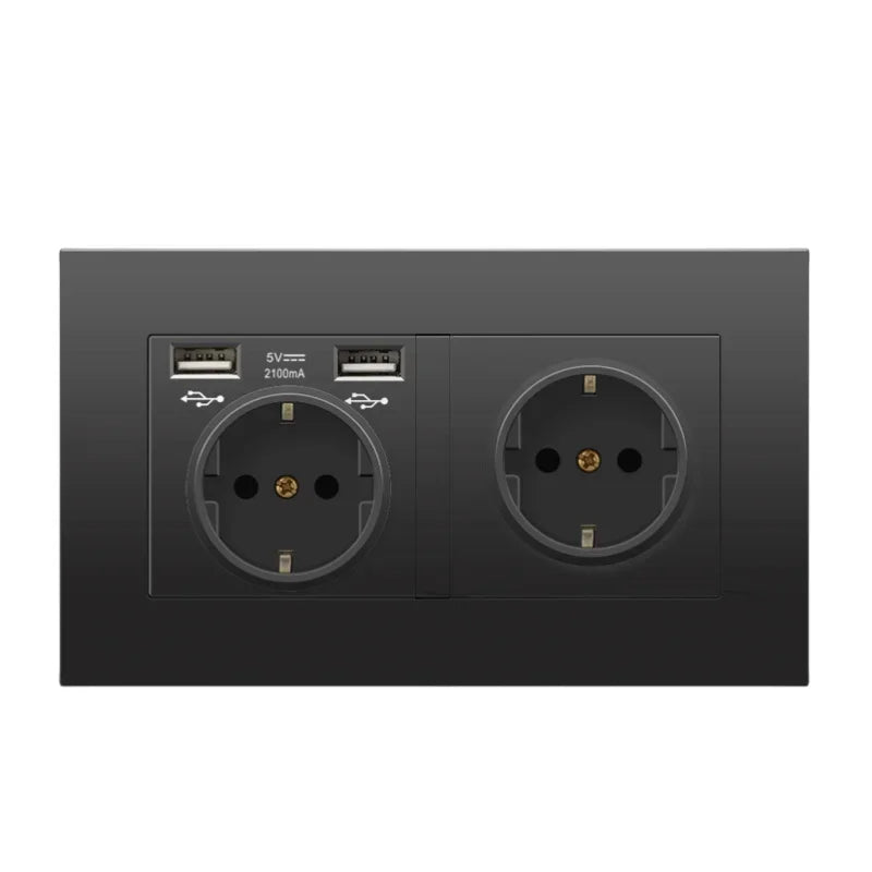 Black PC European Standard Dual 16A Wall Socket with Usb Charging Port, USB Plug Adapter 220V Power Socket Strip 146mm*86mm