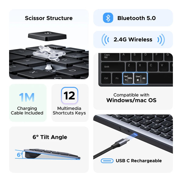 ក្ដារចុច UGREEN ឥតខ្សែ Bluetooth 5.0 និង 2.4G 99 គ្រាប់ចុច រុស្ស៊ី/EN សម្រាប់ MacBook iPad PC Tablet USB C ក្ដារចុចអាចសាកបាន