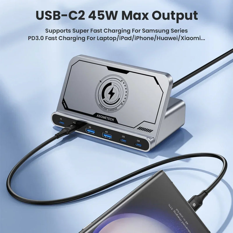 ស្ថានីយសាកថ្មឥតខ្សែ USB 160W ឆ្នាំងសាកឥតខ្សែ 65W PD PPS 45W GaN ឆ្នាំងសាករហ័សសម្រាប់ iPhone 15 14 Pro Samsung កុំព្យូទ័រយួរដៃថេប្លេត