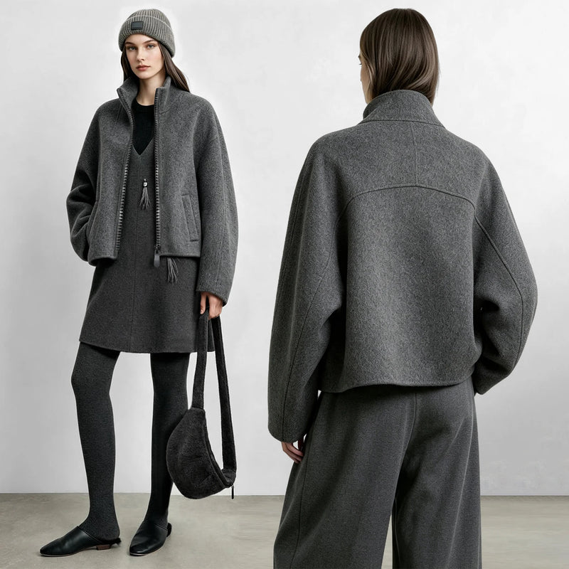 Amii Women Double-Faced Wool Coat Stand Collar Oversized Winter Commuter Top with Bag 2026 Women's Short Coat 12624030