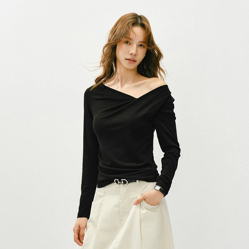 Semir Slim Fit Tshirt Women 2026 Spring Short Asymmetric Neck Oblique Shoulder Solid Color Casual Fashion Stylish Top