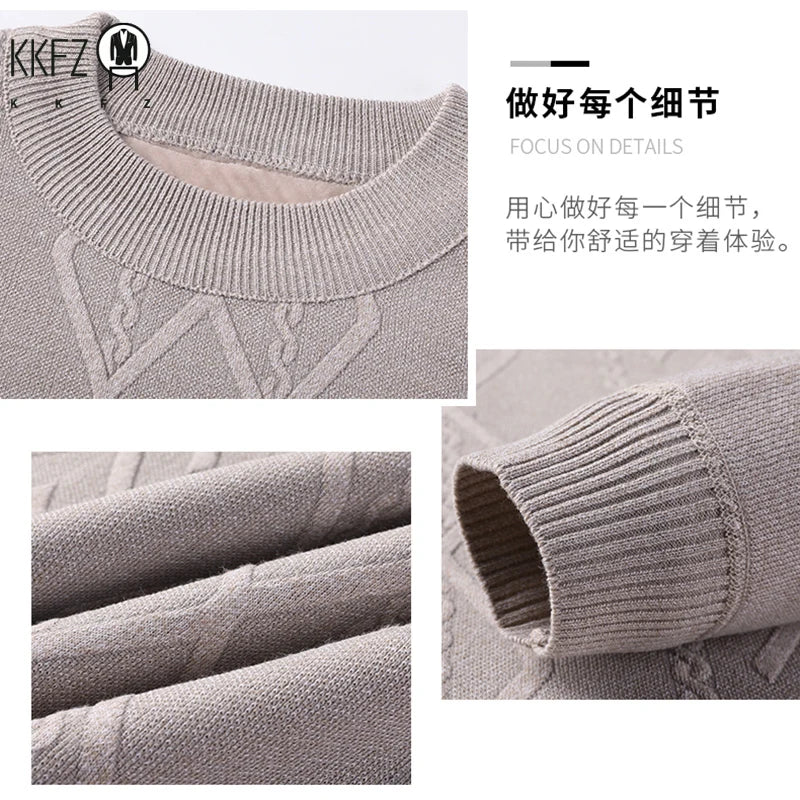 Elastic Rib Cuffs Male Crew Neck Sweater Thickened Plush Interior Mixed Jacquard Knitting Autumn Outdoor Leisure Top
