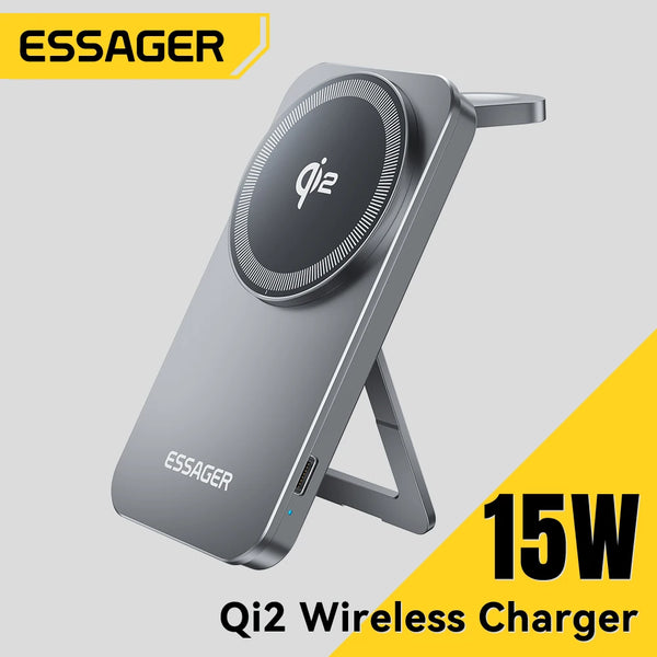 ឆ្នាំងសាកឥតខ្សែ Essager 2-in-1 Qi2 15W ជើងទម្រសាកថ្មឥតខ្សែម៉ាញេទិកសម្រាប់ iPhone 17 16 15 14 Pro AirPods iWatch 8 9 ឆ្នាំងសាក