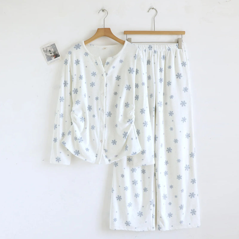 Warm Women's Pajamas Soft Pijamas Set for Women Home Suit Autumn Winter Printed Sleepwear Casual Two-piece Trousers Homewear
