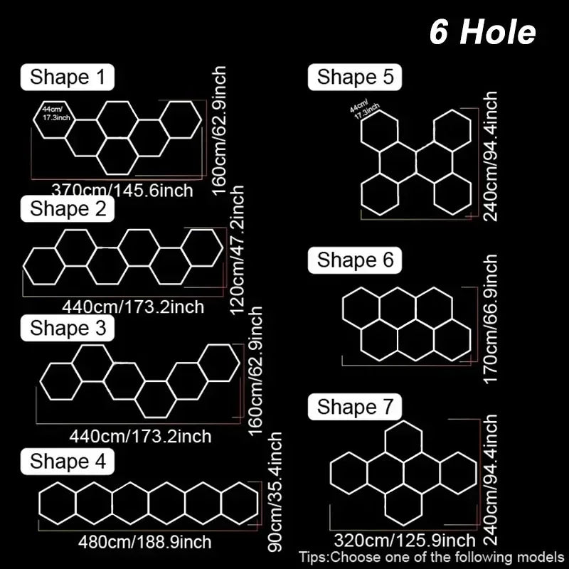 ភ្លើង LED Hexagon សម្រាប់យានដ្ឋាន មានរបៀបពន្លឺ 3 ភ្លើង LED Hexagon សម្រាប់តុបតែងរថយន្ត ហាងកាត់សក់ បន្ទប់ក្រោមដី ហាងកែសម្ផស្ស និងកន្លែងហាត់ប្រាណ