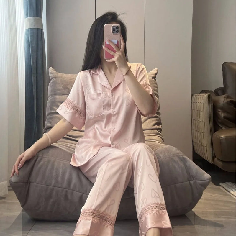 Thin Nightwear 2 Piece Nighty Pajama Set Women's Sleepwear Summer Short Sleeve Long Pants Buttons Lapel Top Pijamas Home Suit
