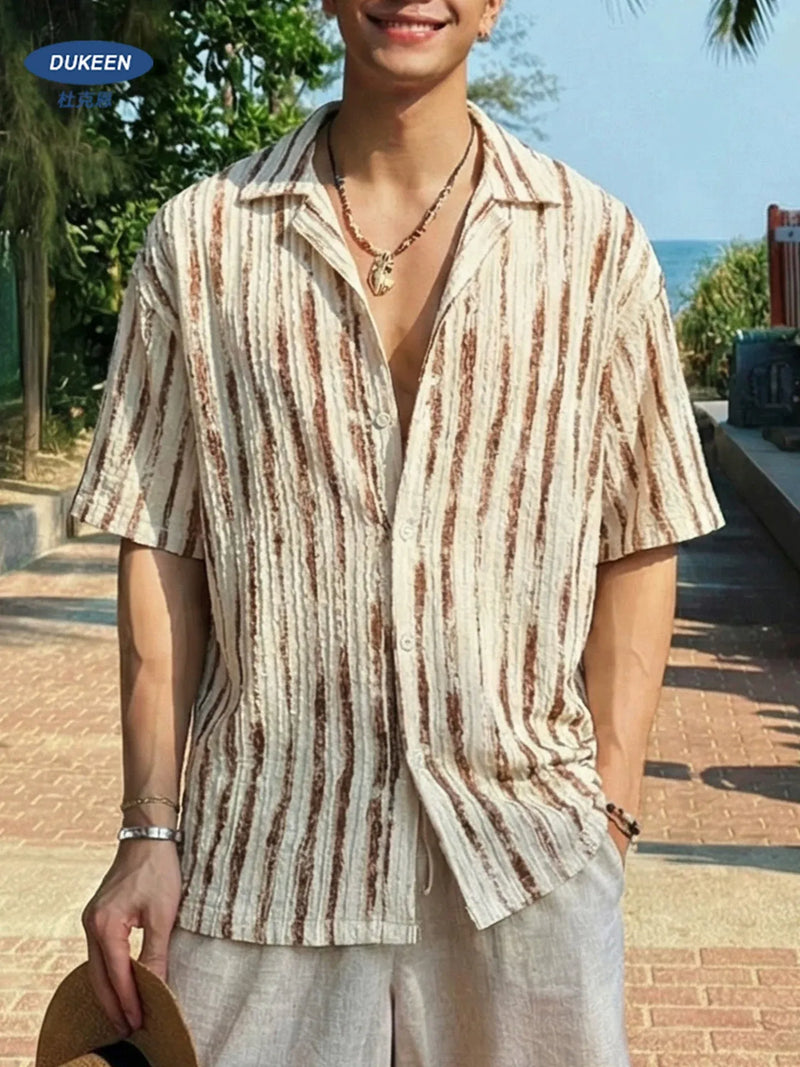 DUKEEN Men's Textured Striped Cuban Collar Shirt Old Money Style Short Sleeve Camp Collar Casual Beach Vacation Shirt