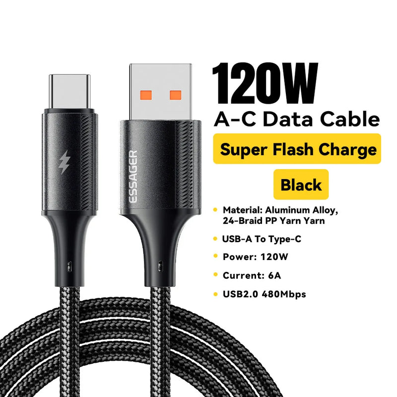 ខ្សែសាក Essager 120W 6A ខ្សែសាកលឿន Type C សម្រាប់ Xiaomi 14 Ultra Huawei Samsung Oneplus USB Type C Data Cables