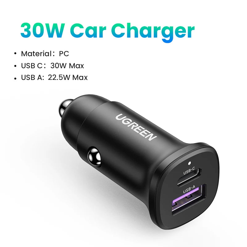 UGREEN 30W USB C Car Charger PD3.0 5A For iPhone 17 Samsung Galaxy S25 Xiaomi Fast Charging Quick Charge 4.0 USB C Car Charger