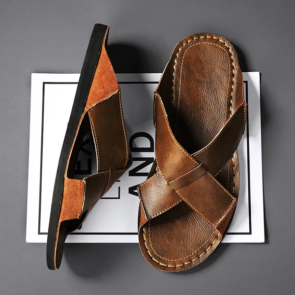 Men Cross Strap Leather Slide Sandals Open Toe Flat Slippers Male Non Slip Rubber Sole Summer Casual Outdoor Beach Shoes Vintage
