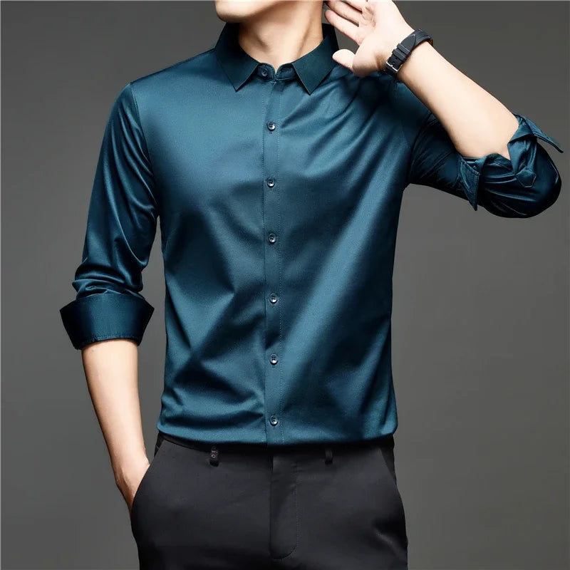 Mens Lightweight Button Up Dress Shirt Lapel Collar Long Sleeve Glossy Texture Top For Daily Business Occasions