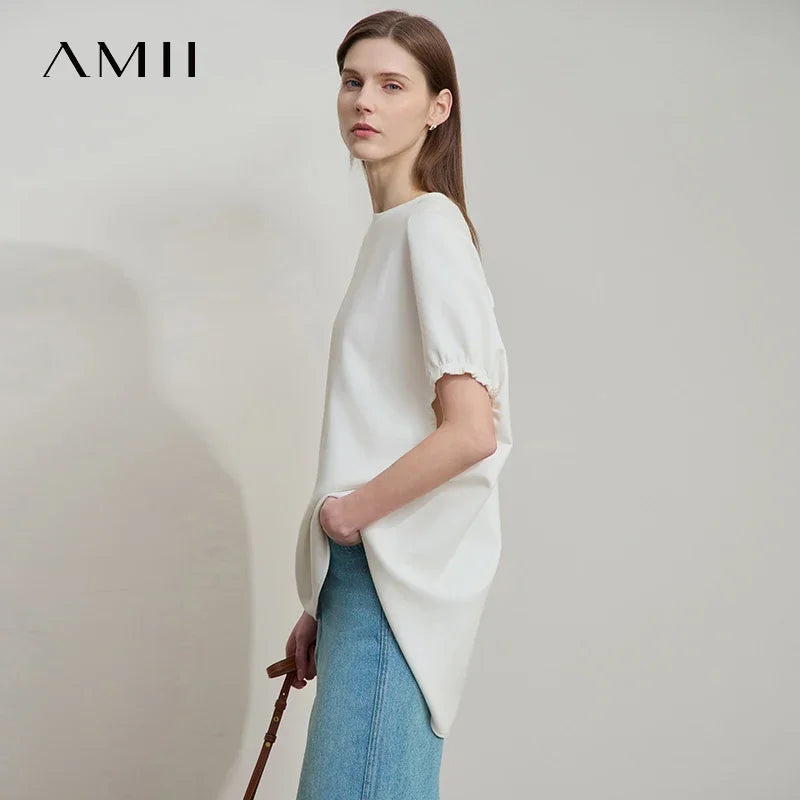 អាវយឺតដៃខ្លី Amii Minimalist សម្រាប់នារី រដូវស្លឹកឈើជ្រុះ ឆ្នាំ២០២៥ ថ្មី ក O មានភាពបត់បែនខ្ពស់ រឹងមាំ អាវធំធម្មតាសម្រាប់ធ្វើដំណើរ 12511087