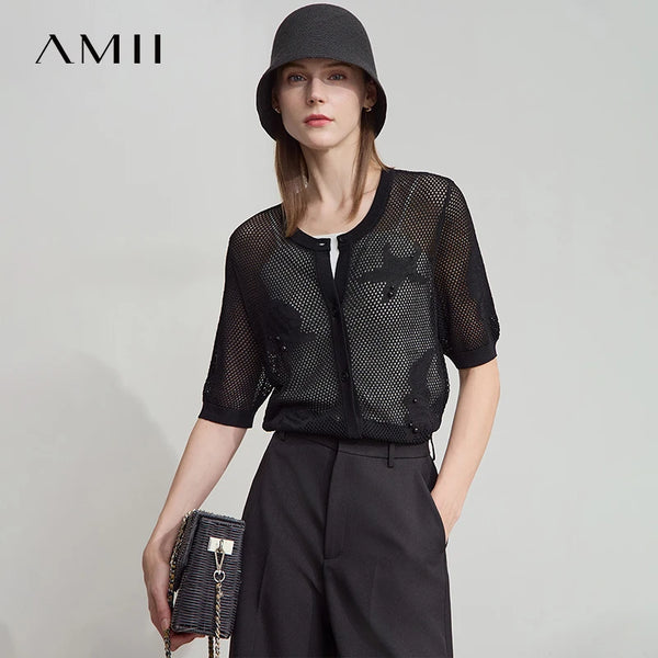 អាវយឺតការិយាល័យ AMII Minimalist Women 2025 ដៃខ្លីកមូល Jacquard រលុងប៉ាក់ Cardigan Woman Fashion 12552093