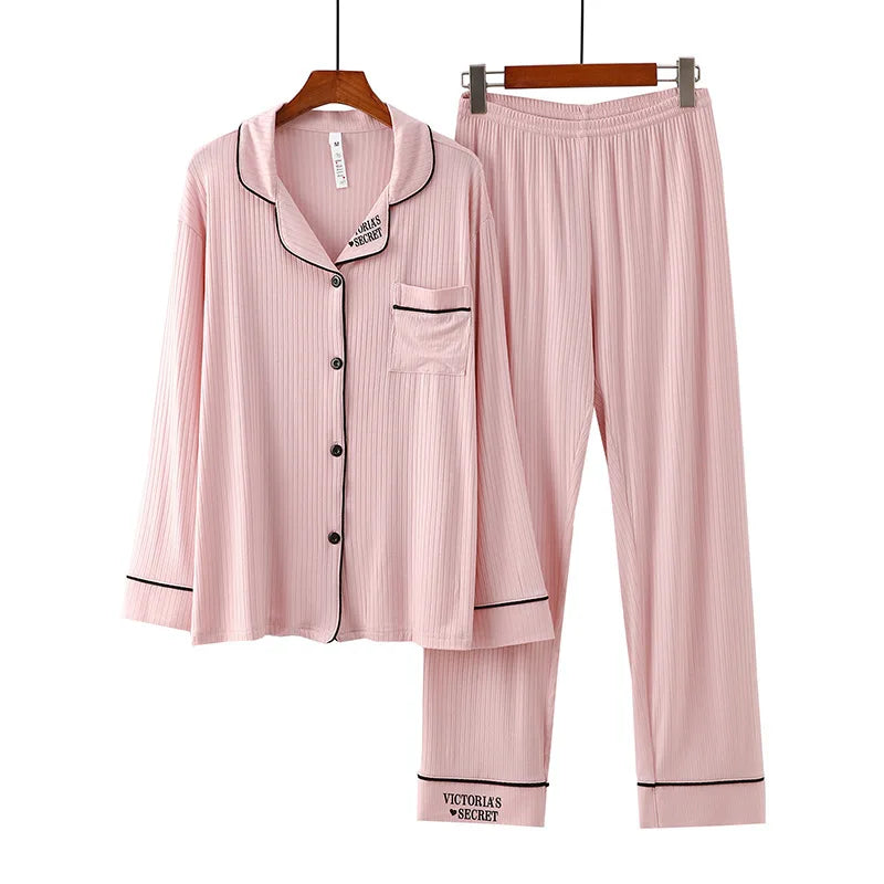 Women's Pajamas Spring Autumn Strips Modal Lapel Cardigan Trousers Sets Long-sleeved Loungewear New Sleepwear Pijama Mujer
