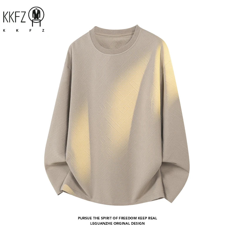 Mens Round Neck Long Sleeve Top Geometric Raised Texture Jacquard Fabric Loose Fit For Office Commute Leisure Outfit