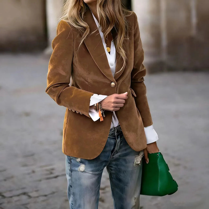 Elegant Women's Long-sleeve Blazer, A V-neck Jacket Made of Corduroy. Available in Black,Purple,Brown,Yellow,Red,Blue,Green,Gray