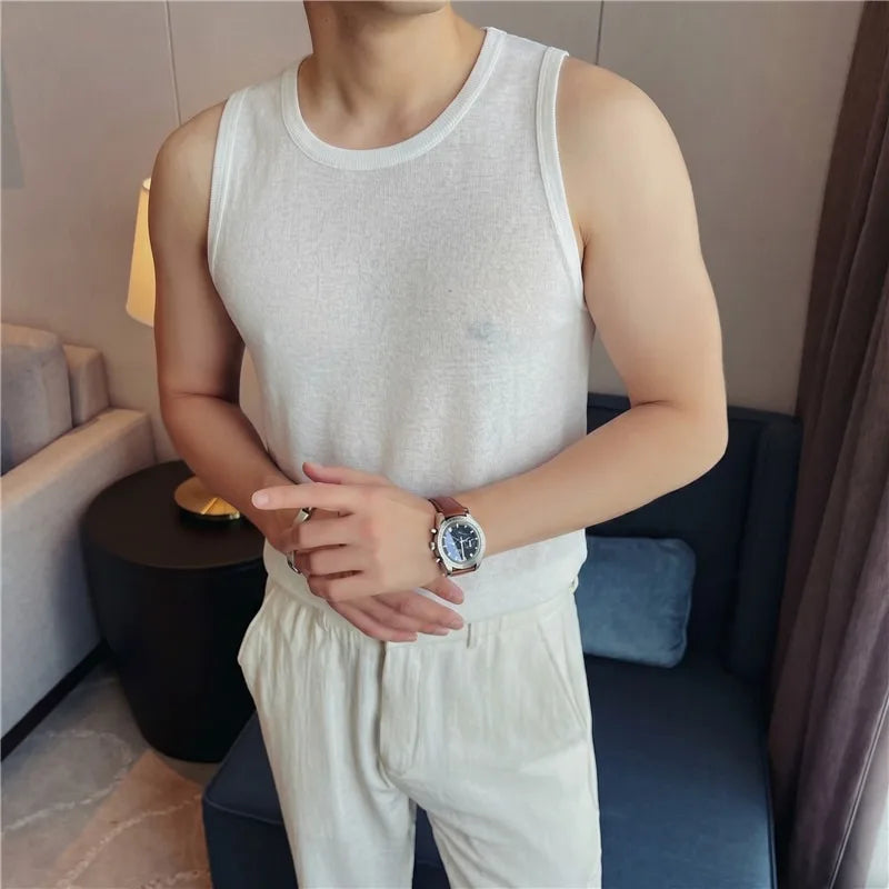 Men's Two-Tone Linen Blend Knit Tank Top – Summer Breathable Textured Sleeveless Vest for Fitness & Casual Wear