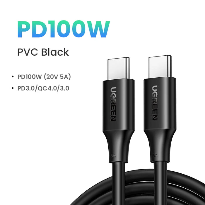 UGREEN 100W USB Type C To USB C Cable For Macbook iPad Samsung Xiaomi PD Fast Charging Charger Cord 5A E-Marker Chip Fast USB C 100W PVC Black CHINA