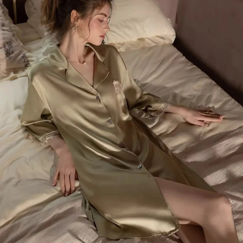 Ice Silk Women's Nightgown Summer Pajamas Dress New Lapel Night Wears for Females Sleeping Clothes Woman One Piece Homewear