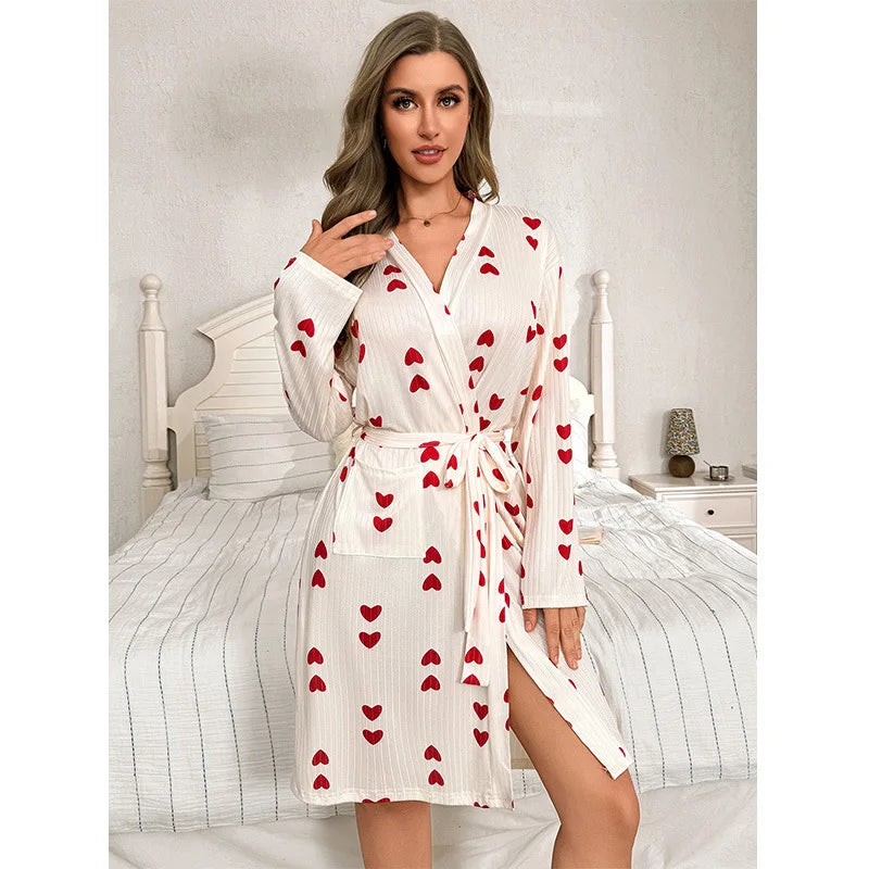 Fashion Long-sleeved Love-printed Home Clothes Spring Autumn Women Night Dress Four-season Night Gown Robes for Women Wedding