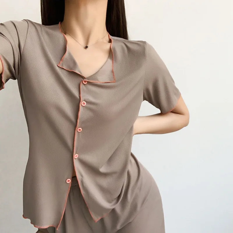 Fdfklak New Short Sleeve Pajamas Women V Neck Ice Silk Thin Korean Sleepwear Set Lounge Wear Shorts Suit Pijama Feminino