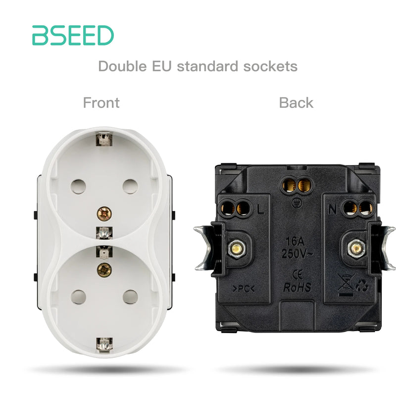 BSEED EU Wall Sockets Function Part European Double Sockets 220v Dual Outlets DIY Module Part Without Glass Panel White Black