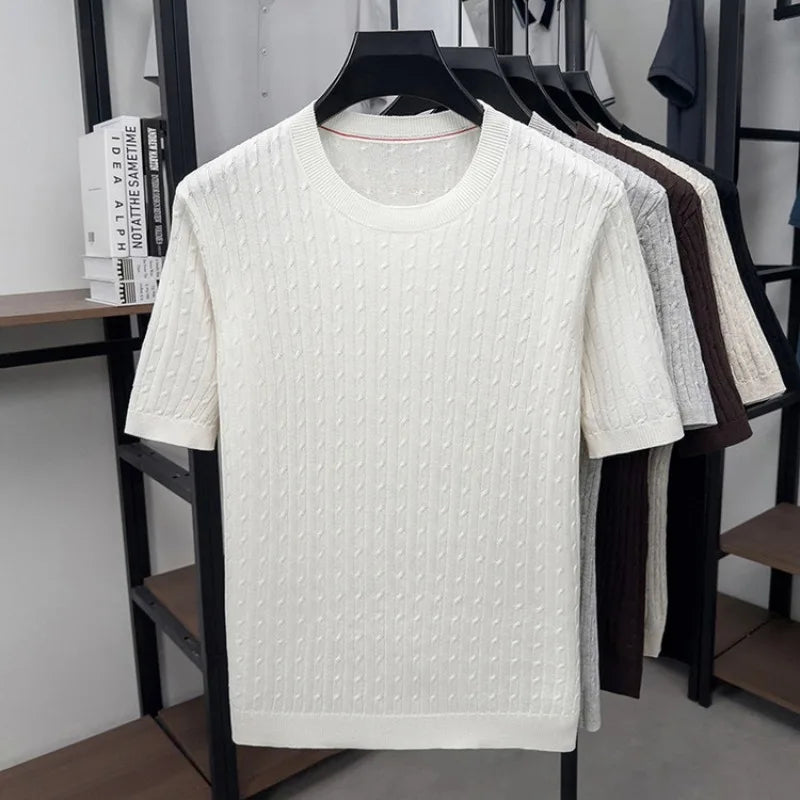 Men's Summer Short Sleeve Knitted Sweater | Linen Blend Crew Neck | Lightweight Breathable Jacquard T-shirt