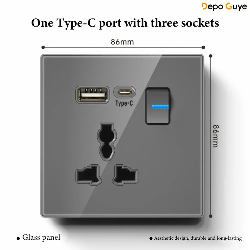 Grey Tempered Glass UK Standard 13A Wall Switch Socket with LED USB Type-C TV CAT6 Data Outlet British Electrical Wall Panel