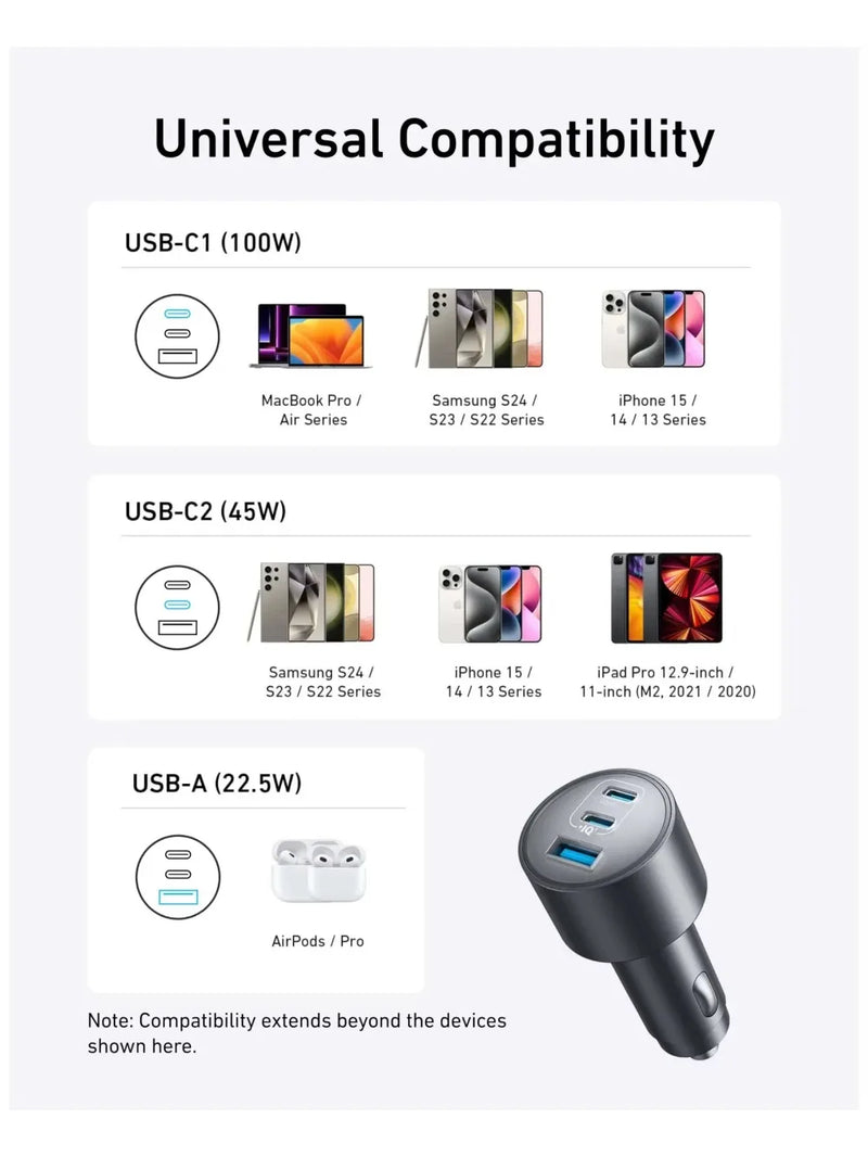 ឆ្នាំងសាករថយន្ត Anker Original 167.5W 3-Port USB-C USB-A PD Fast Charging Adapter សម្រាប់ MacBook Laptop iPhone Samsung Smartphone