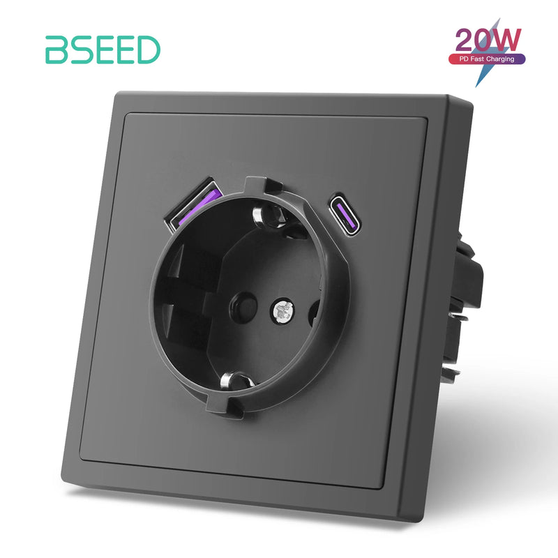 BSEED EU Standard Single Wall Socket 20W Fast Charge USB Type-C Charge Port Double Wall Power Outlets Plastic Frame 16A