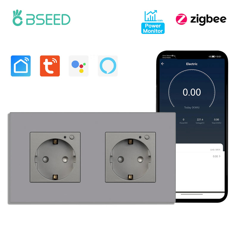 BSEED EU Standard Zigbee Wall Socket Smart Power Monitor Socket 220V 16A Plastic Panel Tuya Alexa Google Smart Life Control
