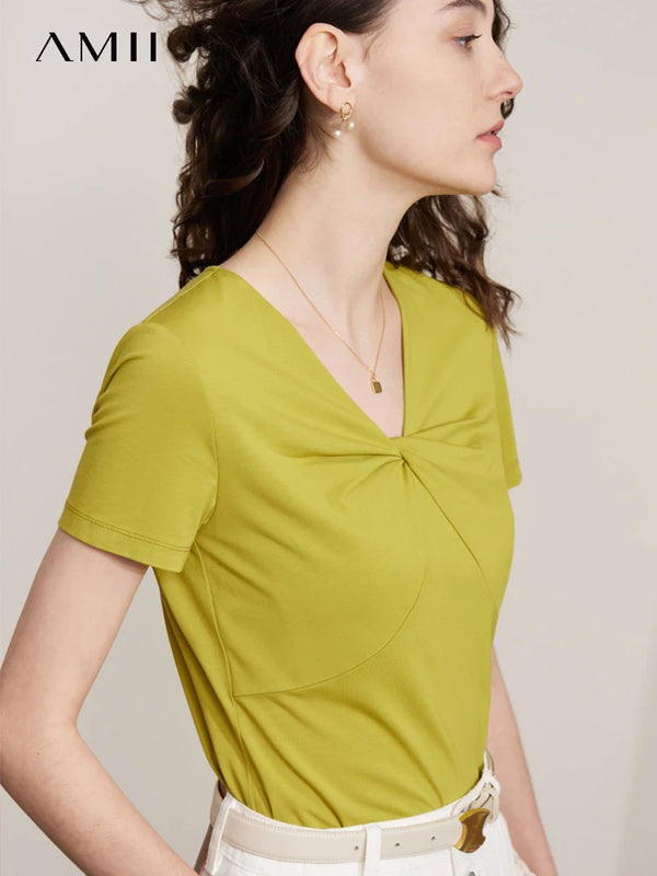 អាវយឺត AMII Minimalism សម្រាប់ស្ត្រី រដូវក្តៅ ឆ្នាំ២០២៦ ដៃអាវថ្មី រចនាស្លីម ក V ម៉ូដ កប្បាសពណ៌ស អាវយឺតខាងលើ និងខាងក្រោម 12342212