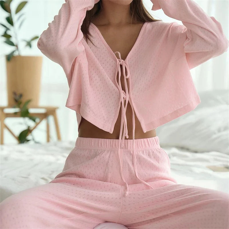 Spring Summer Knitted Long Sleeve Sleepwear Long Pants Two Piece Set Comfortable Nightwear Home Clothes For Women Pajamas