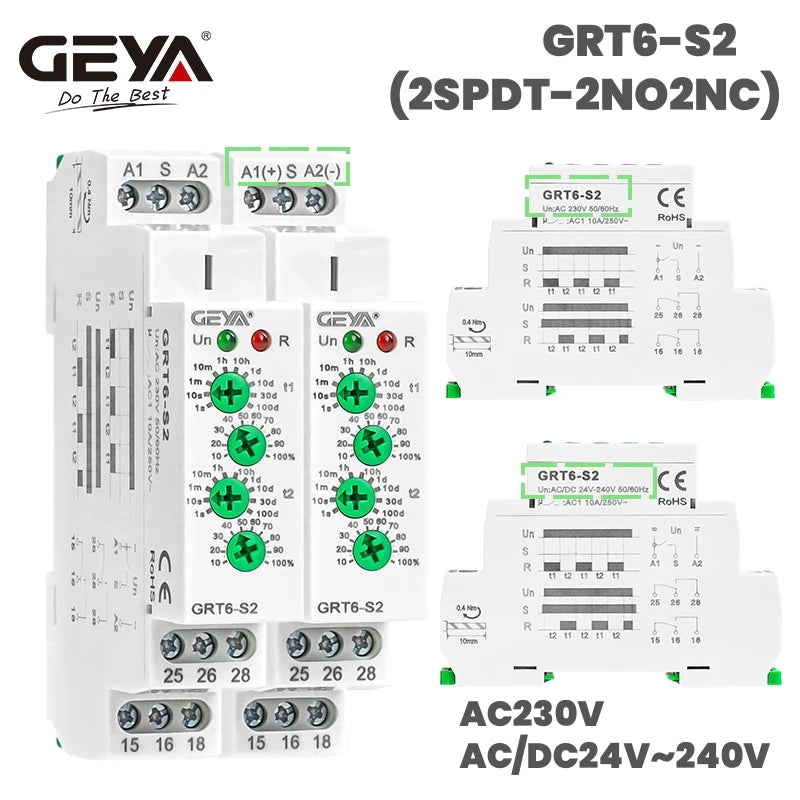 រេឡេពន្យាពេលវដ្ត GEYA GRT6-S AC/DC24V-240V រេឡេអសមមាត្រ SPDT 220V 10A រេឡេអេឡិចត្រូនិចម្តងទៀត